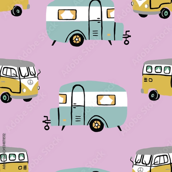 Obraz Seamless repeat retro campervan. Vintage bus wagon seamless pattern with pink background