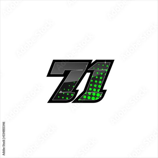 Fototapeta Vector Racing number 71, start racing number, sport race number with green black color and halftone dots style isolated on white background