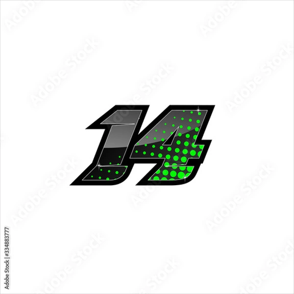 Fototapeta Vector Racing number 14, start racing number, sport race number with green black color and halftone dots style isolated on white background