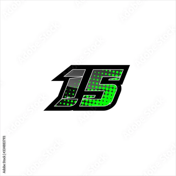 Fototapeta Vector Racing number 15, start racing number, sport race number with green black color and halftone dots style isolated on white background