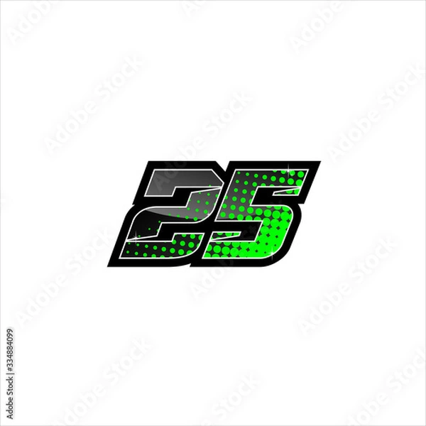 Fototapeta Vector Racing number 25, start racing number, sport race number with green black color and halftone dots style isolated on white background