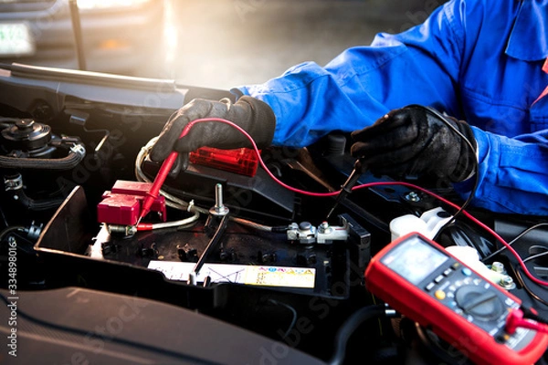 Fototapeta Femal technician uses multimeter voltmeter to check voltage level in car battery. Service and Maintenance car battery.