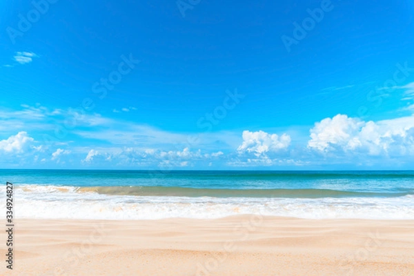 Fototapeta Beautiful tropical beach with blue sky and white clouds abstract texture background. Copy space of summer vacation and holiday business travel concept.