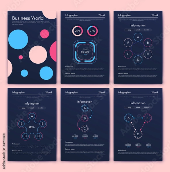 Obraz Modern infographic vector elements for business brochures. Use in website, corporate brochure, advertising and marketing. Pie charts, line graphs, bar graphs and timelines.