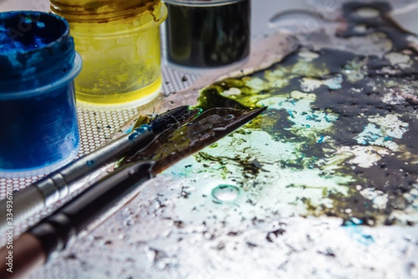 Obraz table and paint brushes, creative process