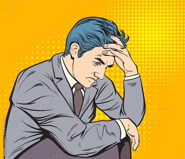 Obraz Worried business people have to think hard. Pop art hand drawn style vector design illustrations.