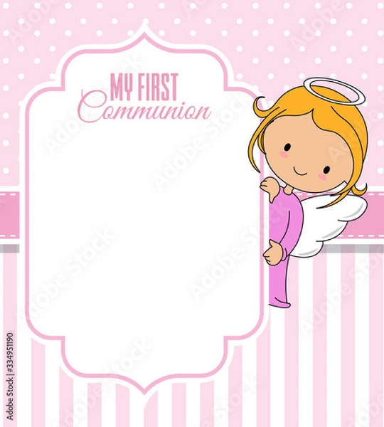 Fototapeta Communion or baptism card. Angel with frame. Space for text