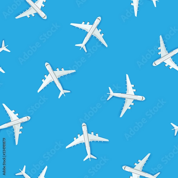 Obraz Seamless pattern with airplanes on blue background, Pattern graphic style