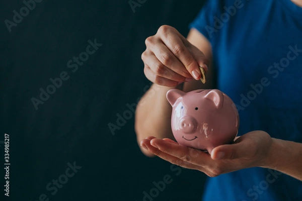 Obraz female hands hold a pink piggy bank and puts a coin there. The concept of saving money or savings, investment