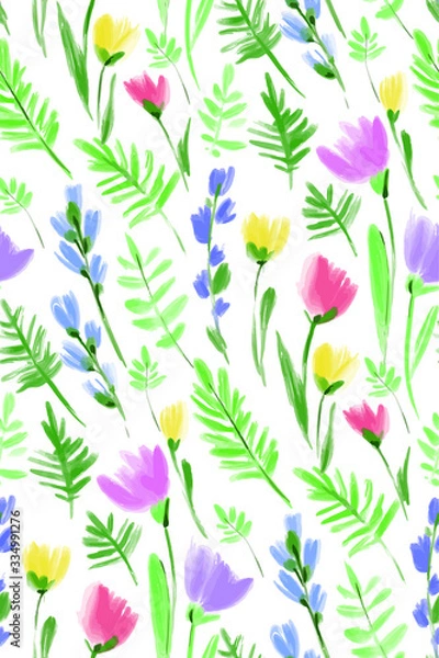 Fototapeta Floral seamless background pattern. Colorful spring flowers hand drawn, vector. Spring summer. Fabric swatch, textile design