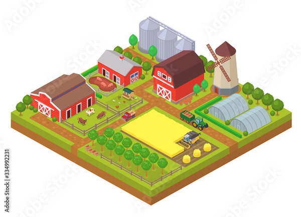 Obraz Agricultural isometric composition with farm