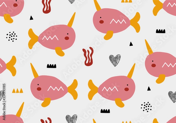 Obraz Whale pattern , seamless background with jungle illustartion.