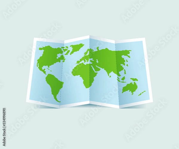Fototapeta Green folded paper world map vector illustration.