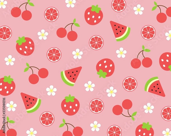 Fototapeta Fruit pattern.Strawberry ,citrus ,cherry ,grapefruit and watermelon with white flower blossom isolated on pink background.Design for print or screen ,wrapping paper ,fabric ,wallpaper.vector.