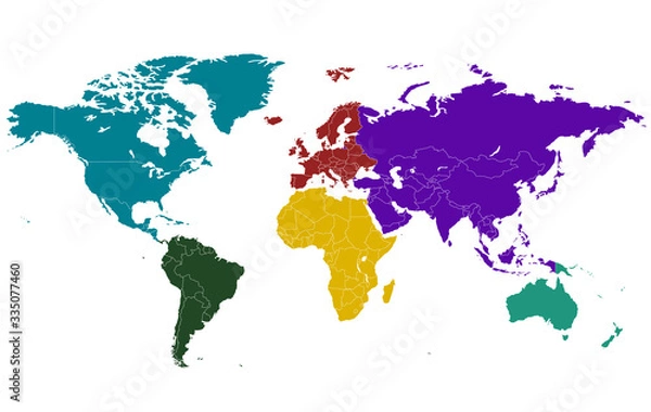 Fototapeta World map divided into six continents. Each continent in different color.