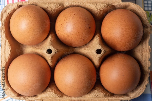 Obraz Half dozen brown eggs with eggs carton