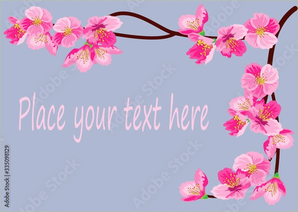 Obraz Vector illustration in flat style. Image of a flowering sakura branch.Card, background, slide. There is a place were you can insert your text.