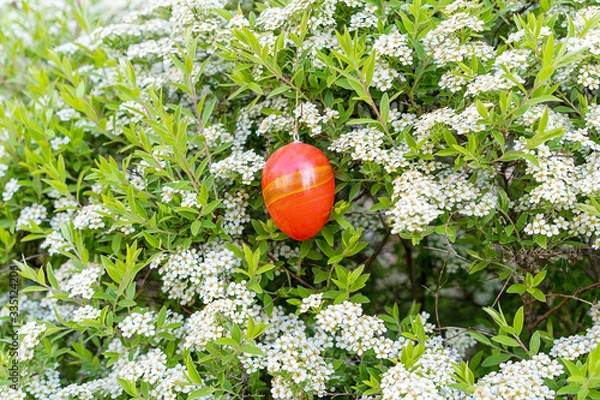 Fototapeta red plastic easter egg decoration spirea shrub easter