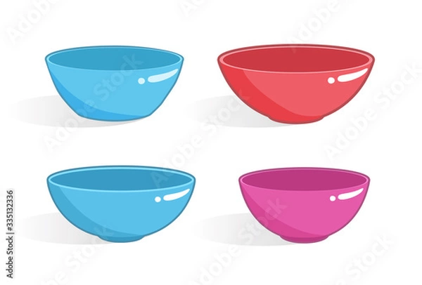 Fototapeta Empty plastic bowls of different forms with shadows isolated on white background. Set of vector dish icons.