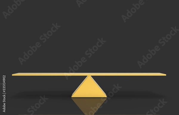 Fototapeta 3d rendering. Empty blank golden triangle balance scale with clipping path on dark gray background.