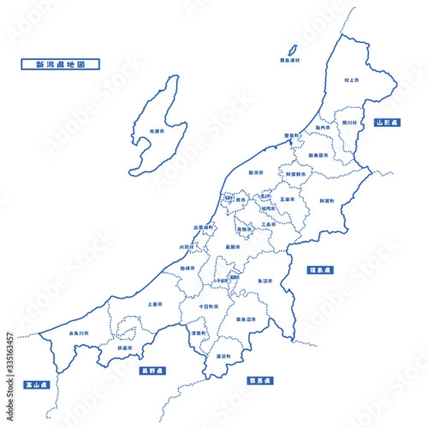 Obraz 新潟県地図 シンプル白地図 市区町村