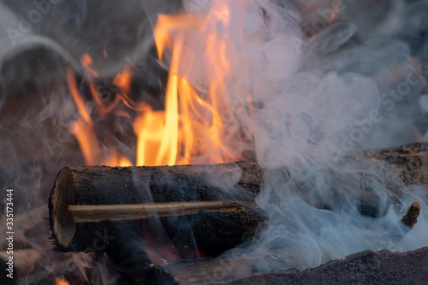 Obraz Smoke from burning firewood in a bonfire