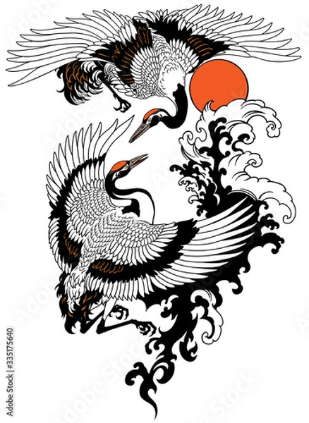 Fototapeta Two flying cranes with water waves and red sun. Tattoo vector illustration