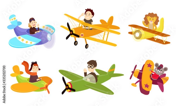 Fototapeta People and animals pilots riding small planes over white background