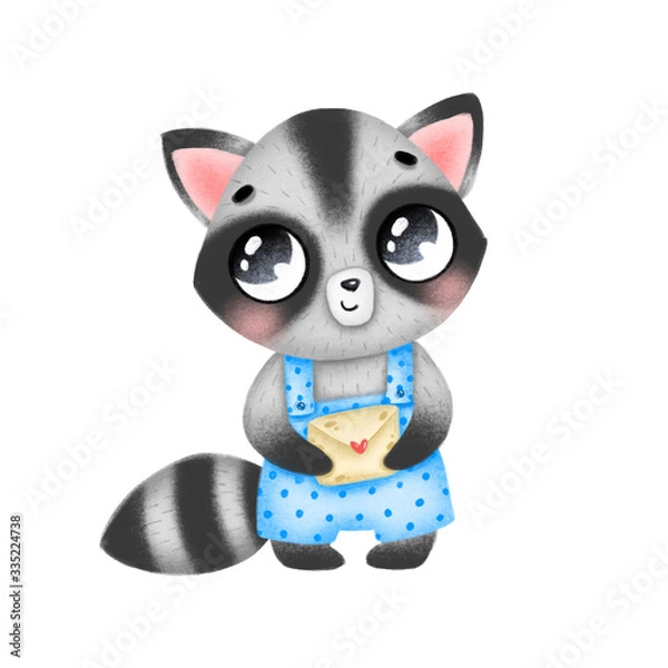 Fototapeta Cute little raccoon in blue overalls with a letter on a white background