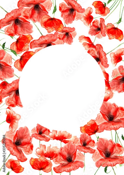 Fototapeta red watercolor poppies with a circle in the center of the pattern