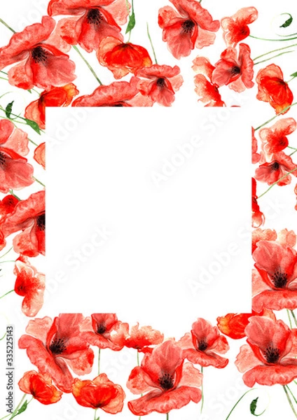 Fototapeta red watercolor poppies with a square in the center of the pattern
