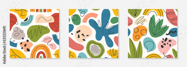 Fototapeta Zestaw kreatywnych bez szwu wzorów. Kolorowe ręcznie rysowane organiczne kształty, linie, gryzmoły i elementy. Modny design wektor, idealny do nadruków, ulotek, banerów, tkanin, zaproszeń, brandingu, okładek i innych.