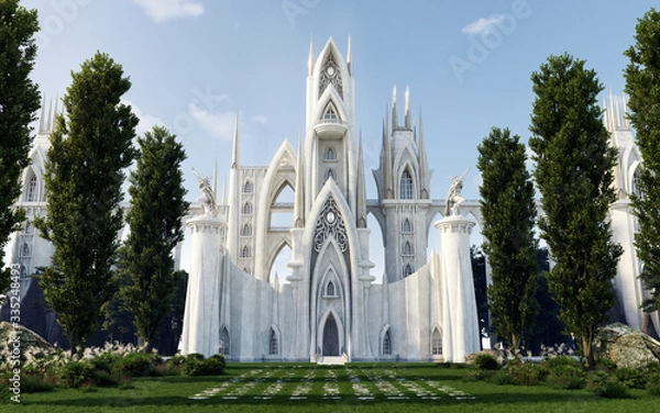 Obraz Średniowieczny zamek fantasy / katedra ukryty w lesie, widok z przodu, ilustracja architektury, renderowanie 3D