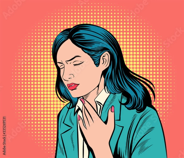 Fototapeta This women is sore throat, inflamed, difficulty swallowing.Pop art  retro vector illustration comic. Separate images of people from the background.