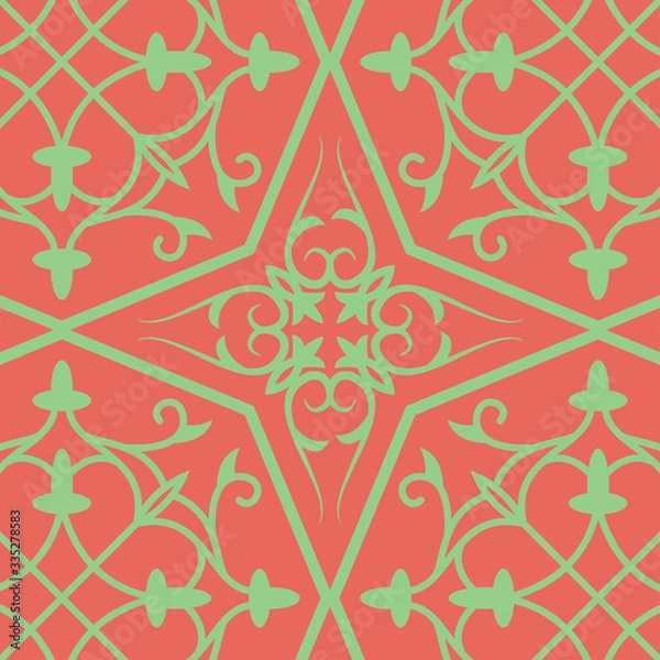 Fototapeta vintage seamless linear pattern in damask / persian / turkish style. beautiful green and red endless vector design illustration.