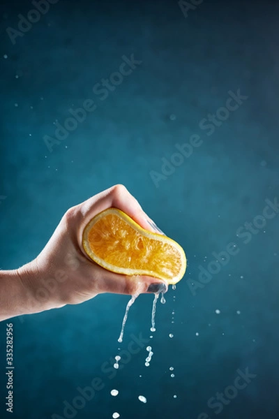 Obraz Hand squeezing the lemon on a blue background