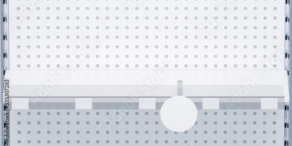 Fototapeta 3D image front view. White grocery retail shelf with shelf talker, round wobbler and place for shelf stripe on shelving background design template for mock up.