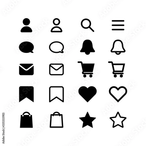 Fototapeta Web site online store or social media icons shopping cart profile search menu notifications bell save messages like heart bag star black icon pack flat vector EPS 10	