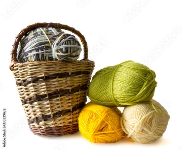 Obraz Photo illustration on knitting and needlework. The image is isolated on a white background. Yarn, knitting needles.