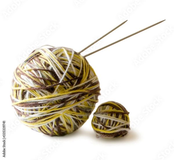 Obraz Photo illustration on knitting and needlework. The image is isolated on a white background. Yarn, knitting needles.
