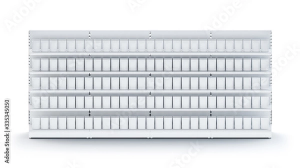 Fototapeta 3D image of four Supermarket Shelving Showcase Displays with Shelves with packs staying in front isometric view in the row on isolated white background. It can be easily seamless multiplied in one row