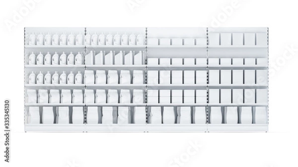 Fototapeta 3D image of four Supermarket Shelving Showcase Displays with Shelves with packs staying in full front isometric view in the row on isolated white background. It can be seamless multiplied in one row