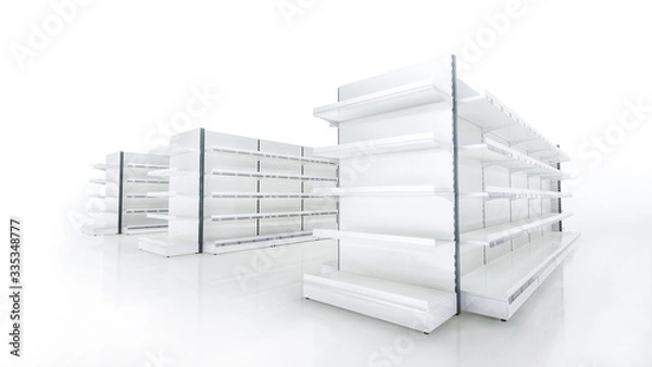 Fototapeta 3D image side view with wide angle of grocery empty shelves staying in three rows on blank white background. Whith Front/End shelves displays.