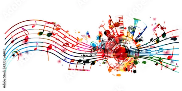 Obraz Muzyczny tło z kolorowymi muzycznymi instrumentami i winylowym dokumentacyjnym dyska wektoru ilustracją. Plakat festiwalu muzycznego z podwójnym dzwonkiem eufonium, wiolonczelą, trąbką, fortepianem, eufonium, saksofonem i gitarą