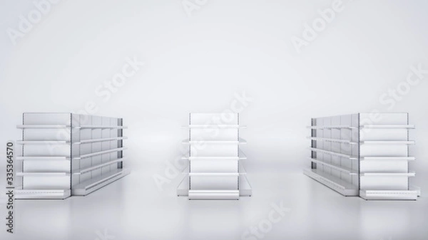 Obraz 3D image front view of grocery empty shelves staying in three rows on blank white background. Whith Front/End shelves displays. Good for supermarket's mockup.