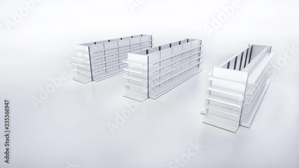 Fototapeta 3D image over top side view of grocery empty shelves staying in three rows on blank white background. Whith Front/End shelves displays. Good for supermarket's mockup.