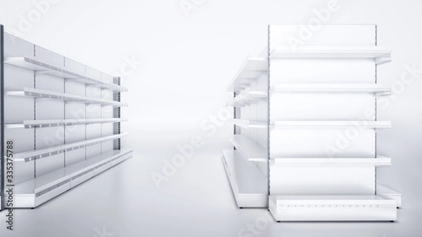 Fototapeta 3D image of grocery empty shelves staying in two rows on blank white background. Good for supermarket's mockup.