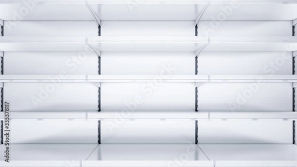 Fototapeta 3D close up image of empty shelves with shelf talkers and price tags.