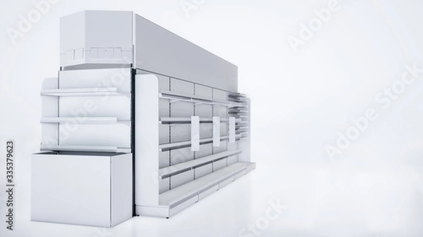 Fototapeta 3D image side view of grocery shelves. Also it has shelf stoppers, big side stoppers, toppers and front/end shelves. On the white isolated background.