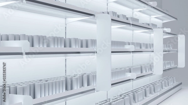 Fototapeta 3D image of grocery shelfs mockup with simple objects of products, stoppers, woblers, shelf talkers and light.